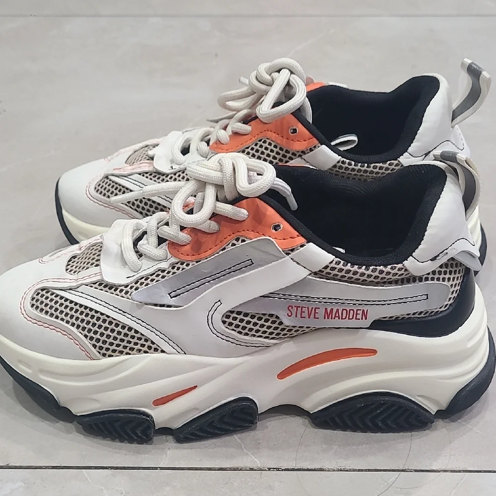 Steve Madden White and Black Sneakers with Coral Highlights